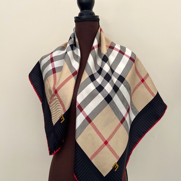 Display # 1 Burberry Scarf House Check Beige Black Border Silk Wrap - Picture 4 of 13